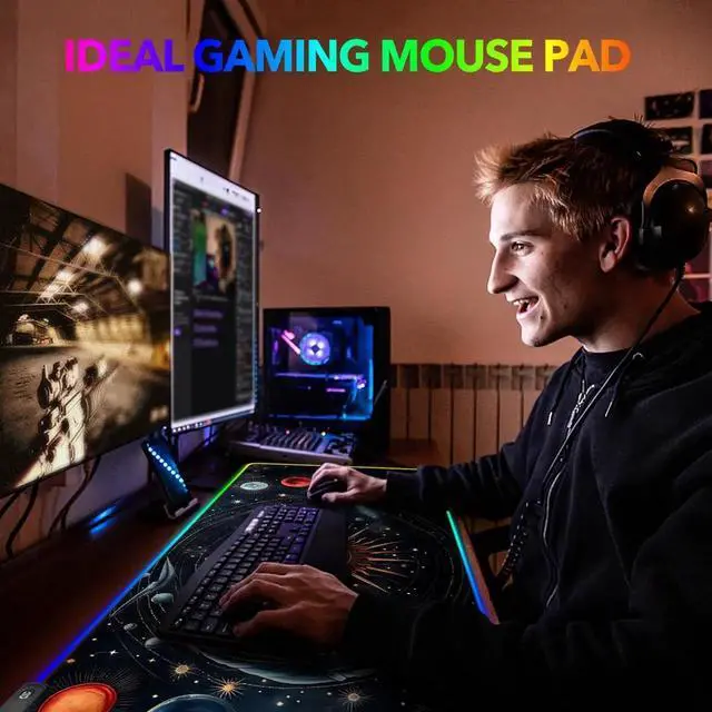 Alt view image 7 of 7 - JVFYI RGB Mouse Pad LED Gaming Mouse Pad with 14 Lights Modes, Non-Slip Rubber Base Computer Carpet Desk Mat for PC Laptop (35.4 x 15.8 inch) Abstract Solar System
