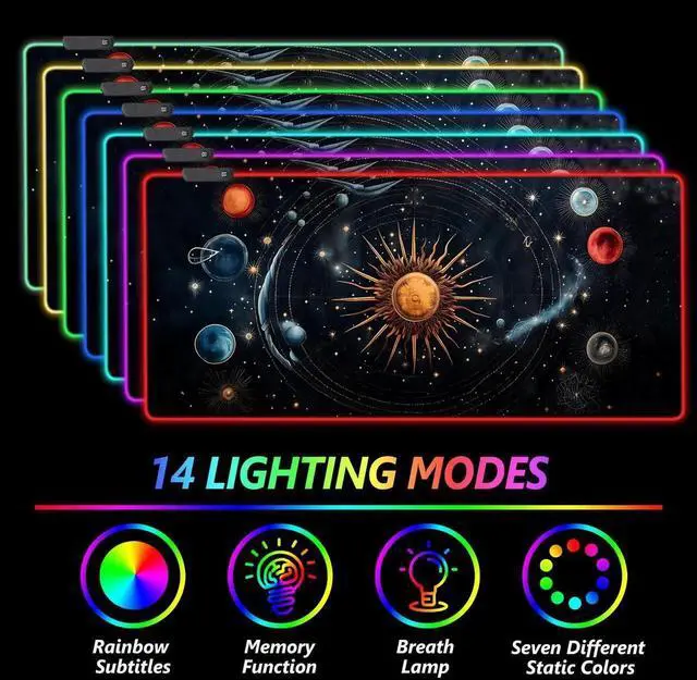 Alt view image 6 of 7 - JVFYI RGB Mouse Pad LED Gaming Mouse Pad with 14 Lights Modes, Non-Slip Rubber Base Computer Carpet Desk Mat for PC Laptop (35.4 x 15.8 inch) Abstract Solar System