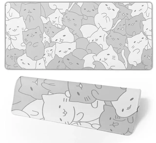 Alt view image 2 of 7 - JVFYI White Kawaii Cats E-Sport Mouse Pad Large Desk Mat Non-Slip Rubber Base Stitched Edge Keyboard Mouse Pad for Office Home E-Sport Computer Laptop, 31.5×11.8 Inches