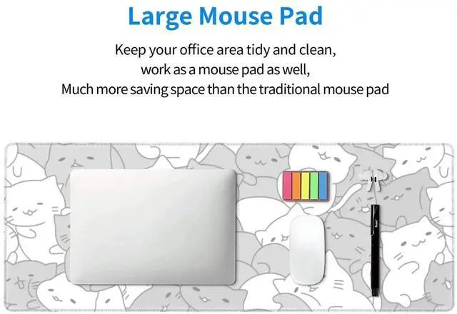 Alt view image 3 of 7 - JVFYI White Kawaii Cats E-Sport Mouse Pad Large Desk Mat Non-Slip Rubber Base Stitched Edge Keyboard Mouse Pad for Office Home E-Sport Computer Laptop, 31.5×11.8 Inches