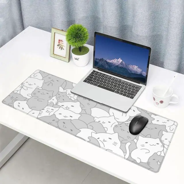 Alt view image 7 of 7 - JVFYI White Kawaii Cats E-Sport Mouse Pad Large Desk Mat Non-Slip Rubber Base Stitched Edge Keyboard Mouse Pad for Office Home E-Sport Computer Laptop, 31.5×11.8 Inches