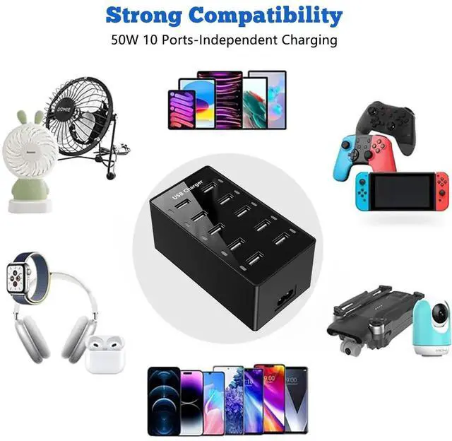 Alt view image 4 of 7 - JVFYI Multiple USB Charger, 10 Port USB Charging Station, Charging Station for Multiple Devices, Charger Block for iPhone 13/14/15/16/Samsung S24/S25 Ultra/Google/iPad/iPod