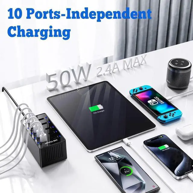 Alt view image 2 of 7 - JVFYI Multiple USB Charger, 10 Port USB Charging Station, Charging Station for Multiple Devices, Charger Block for iPhone 13/14/15/16/Samsung S24/S25 Ultra/Google/iPad/iPod