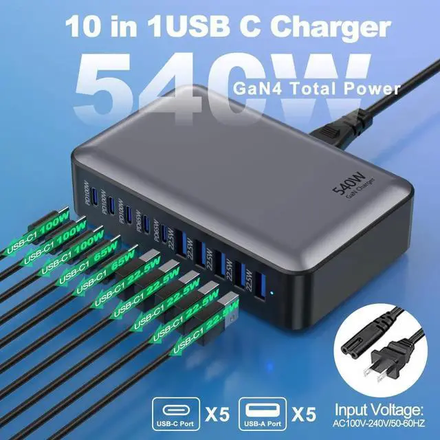 Alt view image 2 of 7 - JVFYI USB C Fast Charger Block, USB Charging Station 540W, PD 100W Laptop Charger, GaN Charging Block, 10 Port Multi Port Charer Hub Compatible with Laptop,MacBook,iPad,iPhone,Samsung Galaxy,Dell