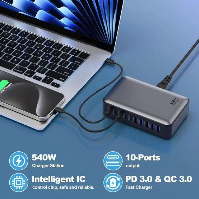 Alt view image 4 of 7 - JVFYI USB C Fast Charger Block, USB Charging Station 540W, PD 100W Laptop Charger, GaN Charging Block, 10 Port Multi Port Charer Hub Compatible with Laptop,MacBook,iPad,iPhone,Samsung Galaxy,Dell