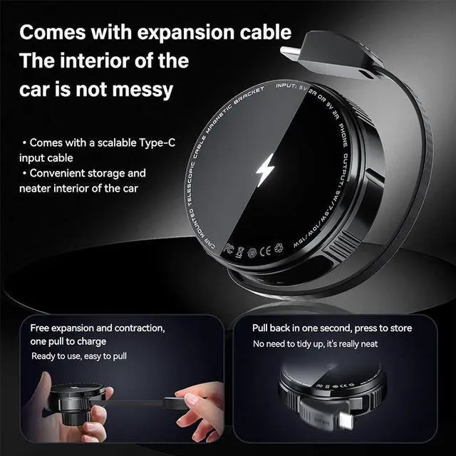 Alt view image 5 of 5 - JVFYI Portable Retractable Type-C Fast Charger Magnetic Car Phone Holder 15W Wireless Charger for iPhone