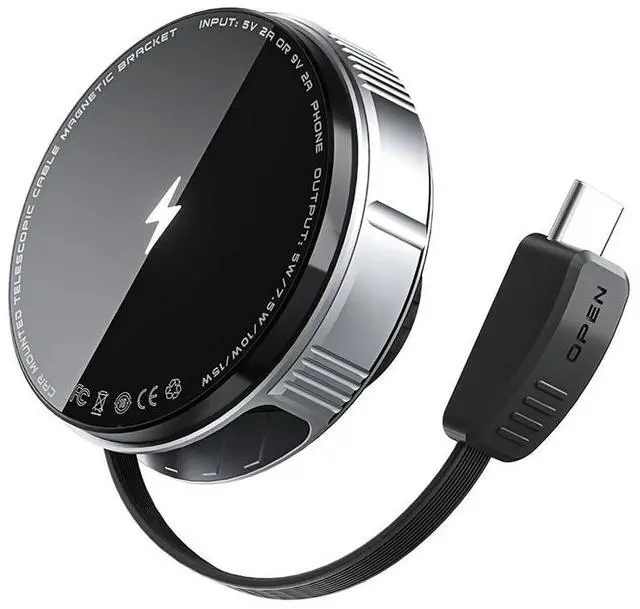 Main image of JVFYI Portable Retractable Type-C Fast Charger Magnetic Car Phone Holder 15W Wireless Charger for iPhone Silver