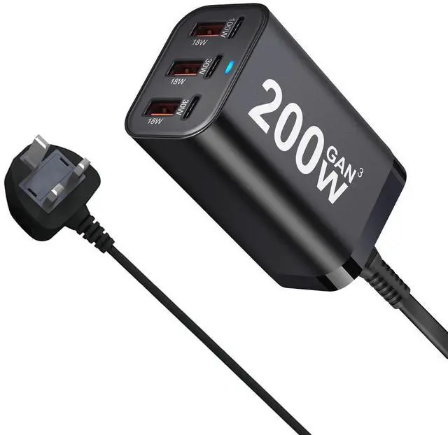 Main image of JVFYI 200W 6-Port GaN Desktop Charger with Fireproof Case - PD/QC Fast Charger for Laptop, MacBook, Mobile Phone & Android Devices Uk plug