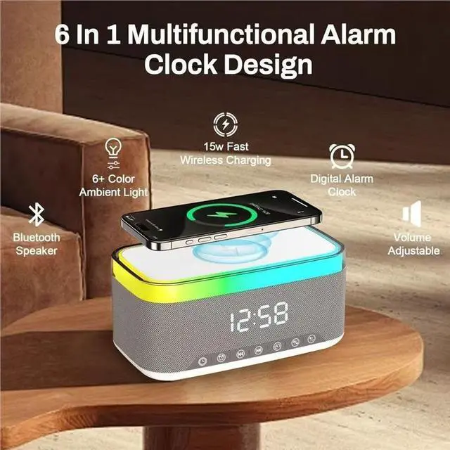 Alt view image 5 of 6 - JVFYI Modern Desk LED Alarm Clock with Wireless Charging & Bluetooth Speaker - Colorful Light, Mirror Screen, Dual Alarm, USB Port