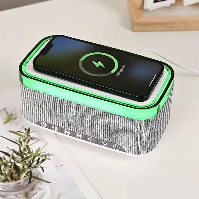 Alt view image 4 of 6 - JVFYI Modern Desk LED Alarm Clock with Wireless Charging & Bluetooth Speaker - Colorful Light, Mirror Screen, Dual Alarm, USB Port