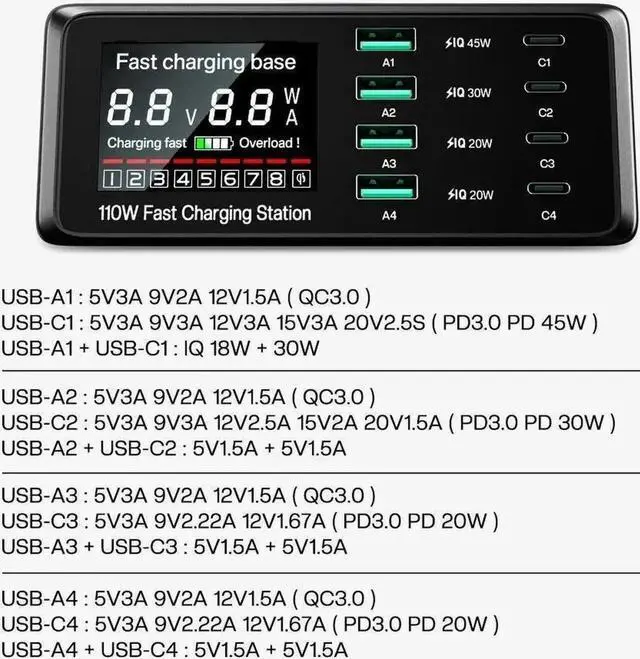 Alt view image 4 of 7 - JVFYI 110W Multiport USB Fast Charging Station 8 Port Travel/Portable Charger Hub USB C Charger Block with 4 USB C & QC 4 USB A and Wireless Charging for Cell Phone, Tablet, Multiple Devices