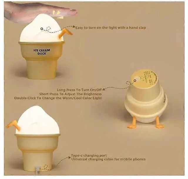 Alt view image 4 of 5 - JVFYI USB Rechargeable Ice Cream Duck Night Light for Kids - Cute Yellow Silicone Lamp with Touch Control