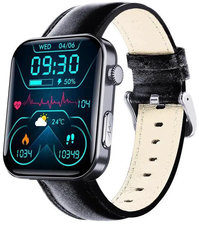 Main image of JVFYI Smart Watch 2.1" HD Screen, Bluetooth Calls, Heart Rate & Sleep Monitor, IP67 Waterproof, 7-Day Battery Black leather skin
