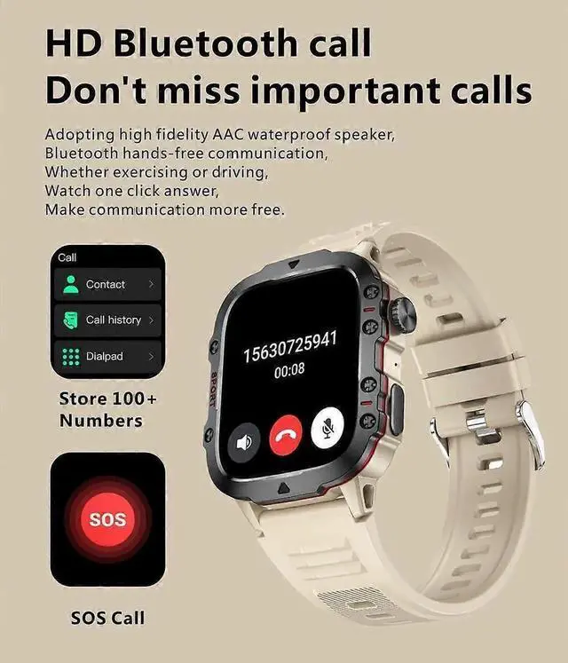 Alt view image 3 of 5 - JVFYI 1.96" Military Smart Watch for Men - Fitness Tracker with Call, Heart Rate, Blood Pressure & 420mAh Battery