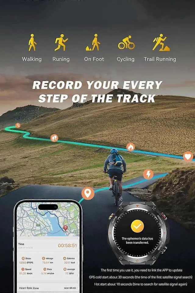 Alt view image 5 of 5 - JVFYI GPS Smart Watch with Bluetooth Calls, Heart Rate Monitor, Compass & 100+ Sports Modes Black camouflage