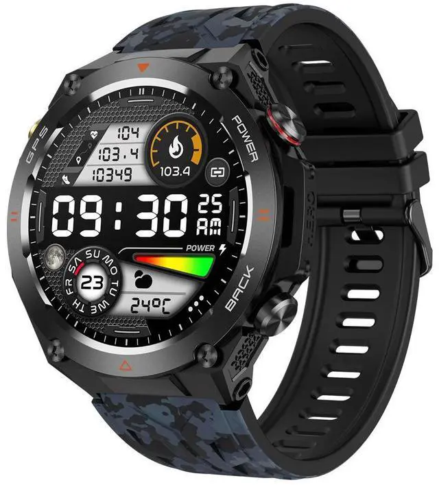 Main image of JVFYI GPS Smart Watch with Bluetooth Calls, Heart Rate Monitor, Compass & 100+ Sports Modes Black camouflage