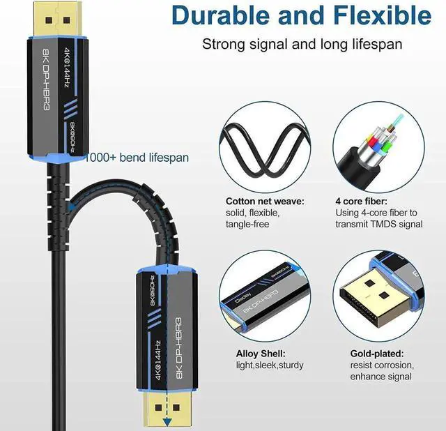 Alt view image 6 of 7 - JVFYI 8K DisplayPort Fiber Optic Cable 16ft/5m Ultra HD DisplayPort 1.4 Male to Male Fiber Optic Cable, 7680x4320 Resolution, 8K@60Hz, 4K@144Hz, 32.4Gbps, HDP, HDCP for PC, Laptop, HDTV