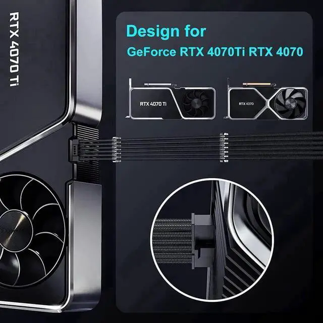 Alt view image 2 of 7 - JVFYI PCIE 5.0 RTX 4070Ti 16Pin GPU Power Extension Cable, PCI-e 5.0 12VHPWR GPU Cable Adapter 16Pin(12+4) Male to 2X8Pin Female Extension Cord Designed for Geforce RTX 4070 4070 Super Black