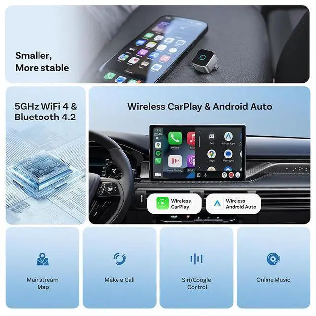 Alt view image 3 of 7 - JVFYI Ottocast Mini Cube 3.0 Wireless CarPlay & Android Auto 2-in-1 Adapter, Convert Wired to Wireless for iPhone iOS 10+ & Android 11+, Universal Plug & Play