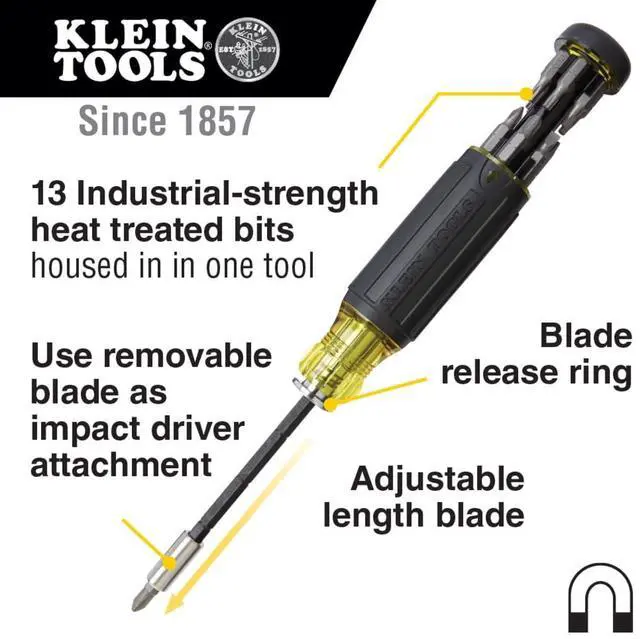 Alt view image 2 of 7 - Klein Tools 32303 Multi-Bit Screwdriver/Nut Driver, Impact Rated 14-in-1 Magnetic Screwdriver Set Phillips, Slotted, Square, Combo, Torx