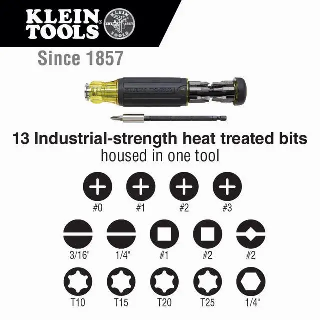Alt view image 3 of 7 - Klein Tools 32303 Multi-Bit Screwdriver/Nut Driver, Impact Rated 14-in-1 Magnetic Screwdriver Set Phillips, Slotted, Square, Combo, Torx