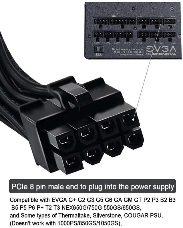 Alt view image 5 of 6 - PCIE Cable for EVGA, PCIe 8 Pin Male to Dual PCIe 8 Pin (6+2) Male GPU Power Cable for EVGA Power Supply 25-inch(63cm) Black