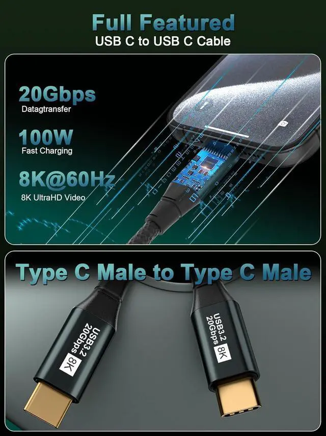 Alt view image 2 of 7 - USB C Monitor Cable 3.3FT-8K@60Hz USB-C Video Cable-100W PD Fast Charging-USB 3.2 Gen 2 20Gbps Type-C Data Transfer, USBC to USBC Video Cable for iPhone 17 16 15 Plus Pro Max, MacBooks, iPad, Carplay