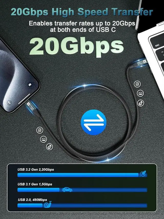 Alt view image 5 of 7 - USB C Monitor Cable 3.3FT-8K@60Hz USB-C Video Cable-100W PD Fast Charging-USB 3.2 Gen 2 20Gbps Type-C Data Transfer, USBC to USBC Video Cable for iPhone 17 16 15 Plus Pro Max, MacBooks, iPad, Carplay