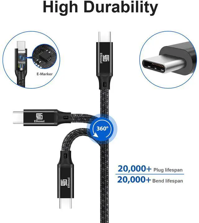Alt view image 5 of 7 - Elfesoul USB C to C Cable, 3.2 Gen 2 USB-C Cord 16.5ft - 4K UHD 20Gbps 100W PD Fast Charging Cable for MacBook Pro, for iPad Pro, Nylon Braided, Black.