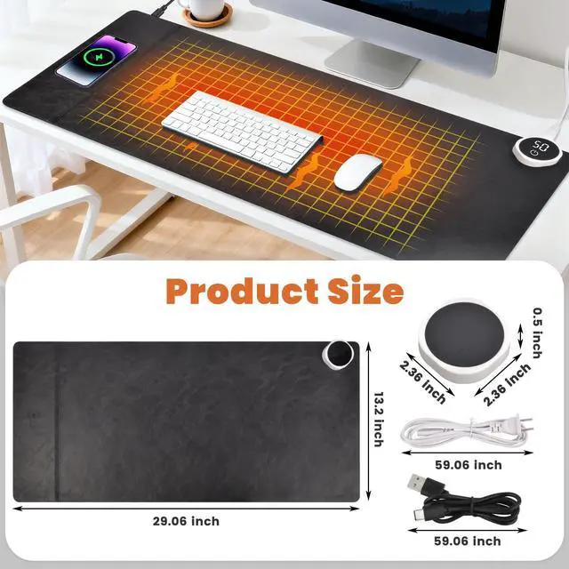 Alt view image 2 of 6 - Heated Desk Mouse Pad Mat - Wireless Charging 15W Large Warm Mouse Pad with 3 Heating Levels, PU Leather Heated Gaming Mousepad Hand Warmer, Waterproof Desk Mat for Home Office (Black, 29.2" x 13.4")