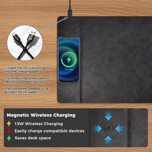 Alt view image 3 of 6 - Heated Desk Mouse Pad Mat - Wireless Charging 15W Large Warm Mouse Pad with 3 Heating Levels, PU Leather Heated Gaming Mousepad Hand Warmer, Waterproof Desk Mat for Home Office (Black, 29.2" x 13.4")