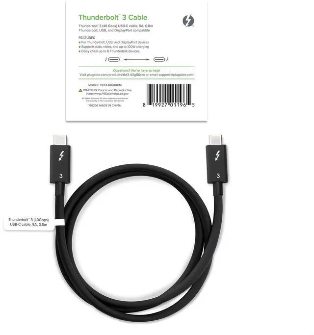 Alt view image 7 of 7 - Plugable Thunderbolt 3 Cable 40Gbps Supports 100W (20V, 5A) Charging, 2.6ft / 80cm Thunderbolt-Certified USB C Compatible - Driverless