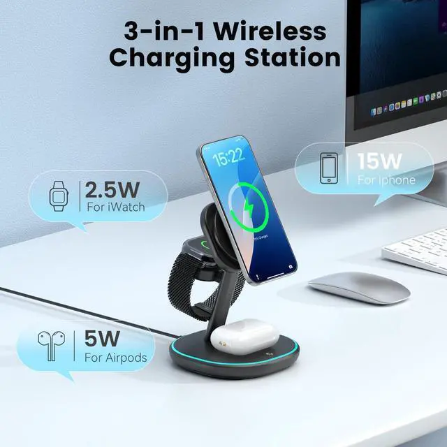 Alt view image 2 of 7 - EnergyCell 3-in-1 Charging Station, 2X Faster 15W Wireless Charging Station for iPhone 16/15/14/13/12, for Apple Watch, AirPods, Magnetic Wireless Charger with Sleep Friendly Light (Black)