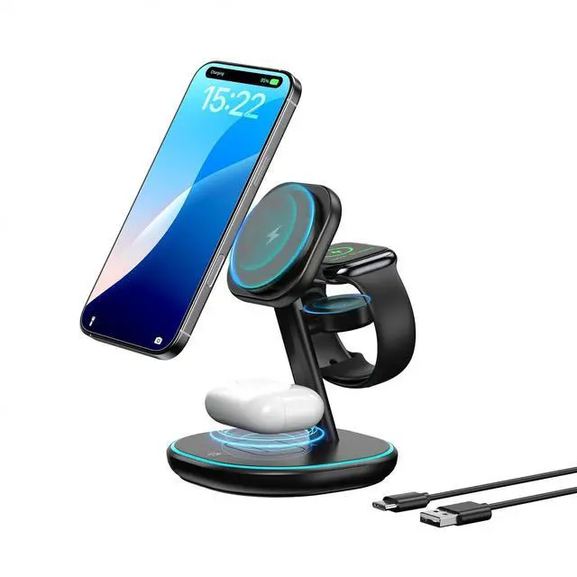 Main image of EnergyCell 3-in-1 Charging Station, 2X Faster 15W Wireless Charging Station for iPhone 16/15/14/13/12, for Apple Watch, AirPods, Magnetic Wireless Charger with Sleep Friendly Light (Black)