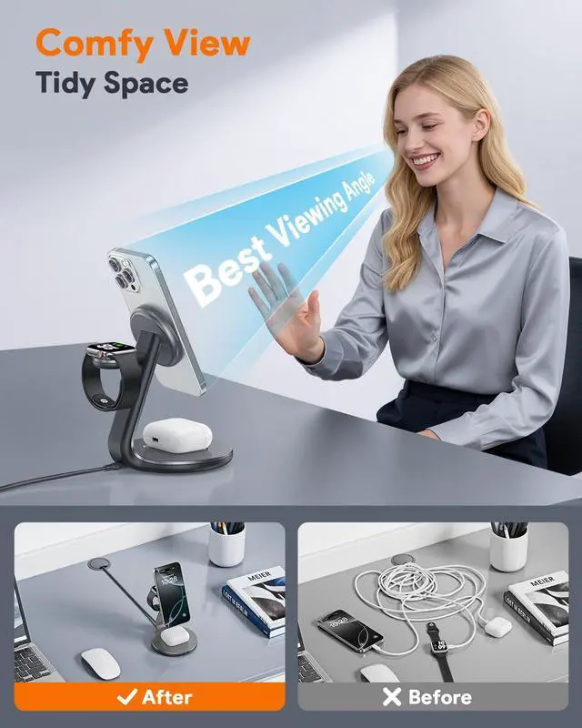 Alt view image 6 of 7 - HERRBOLPRO 3 in 1 Charging Station for Apple Compatible with Magsafe Charger Stand for iPhone 17 16 15 14 13 12 Wireless Charging Station for AirPods Wireless Charger for iWatch Series