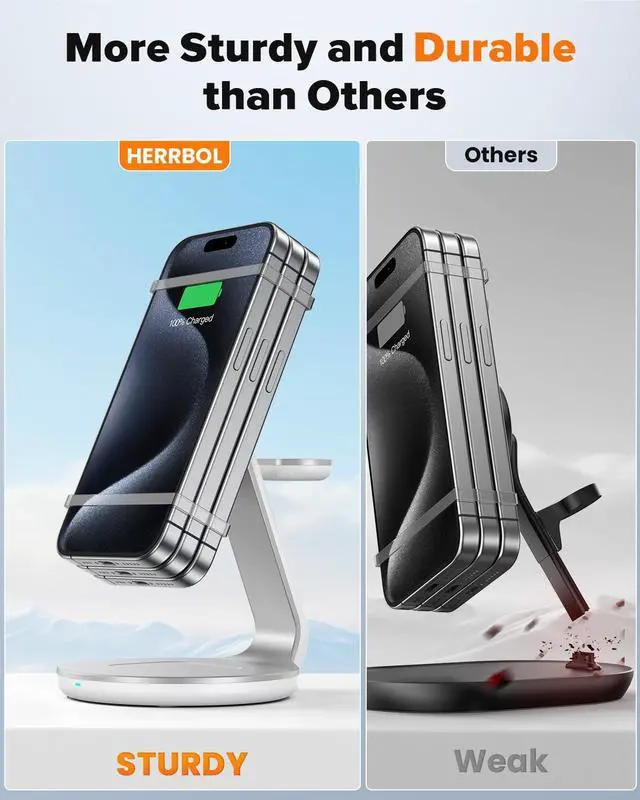 Alt view image 3 of 7 - HERRBOL 3 in 1 Charging Station Compatible with Magsafe Charger Wireless Charger Stand for iPhone 17 16e 16 15 14 13 12 Wireless Charging Station for AirPods Wireless Charging Stand for iWatch Series