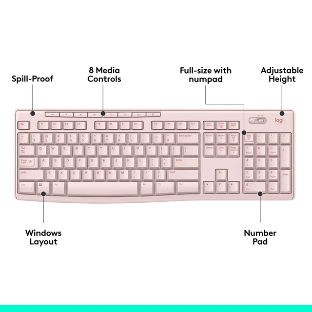 Alt view image 6 of 7 - Full Size Wireless Keyboard for Windows - Rose | Full-size keyboard with number pad, 8 multimedia keys, includes USB-A receiver, 2-year battery, compatible with PC, laptop