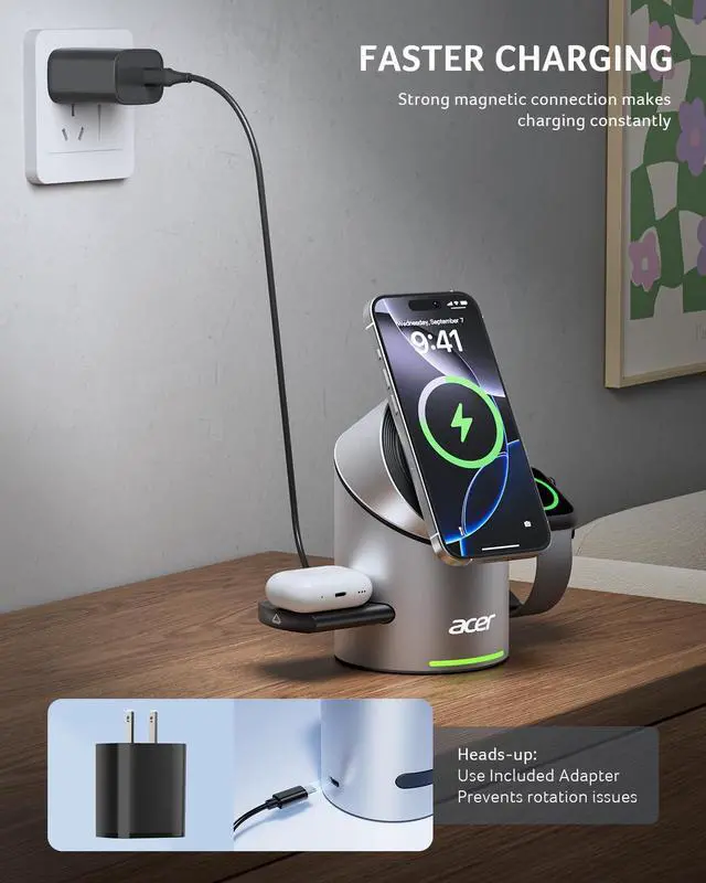 Alt view image 6 of 7 - Prime 3 in 1 Charging Station for Apple - Qi2 15W iPhone Wireless Charging Station, Magsafe Charger Stand for iPhone 17 16 15 14 13 12 - Apple Watch - Airpods Series (Charger & USB-C Included)