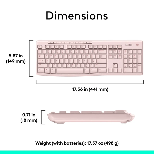 Alt view image 7 of 7 - Full Size Wireless Keyboard for Windows - Rose | Full-size keyboard with number pad, 8 multimedia keys, includes USB-A receiver, 2-year battery, compatible with PC, laptop