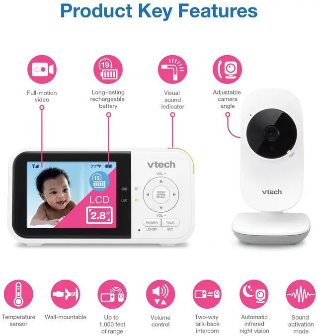 Alt view image 2 of 7 - VTech VM819 Baby Monitor with Camera and Audio, 2.8 Screen Portable Baby Camera, Night Vision, 2-Way Audio, Temperature Sensor and Lullabies, Secure Transmission No WiFi, Ideal for Baby/Elderly/Pet