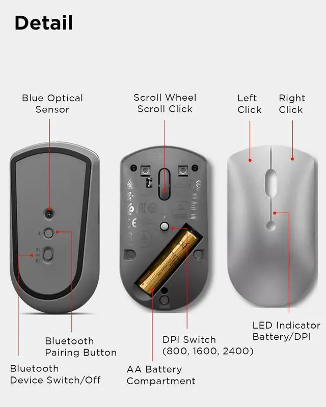 Alt view image 7 of 7 - 600 Bluetooth Silent Mouse, Blue Optical Sensor, Adjustable DPI, 4 Button, Microsoft Swift Pair, Windows, Chrome, GY50X88832, Gray