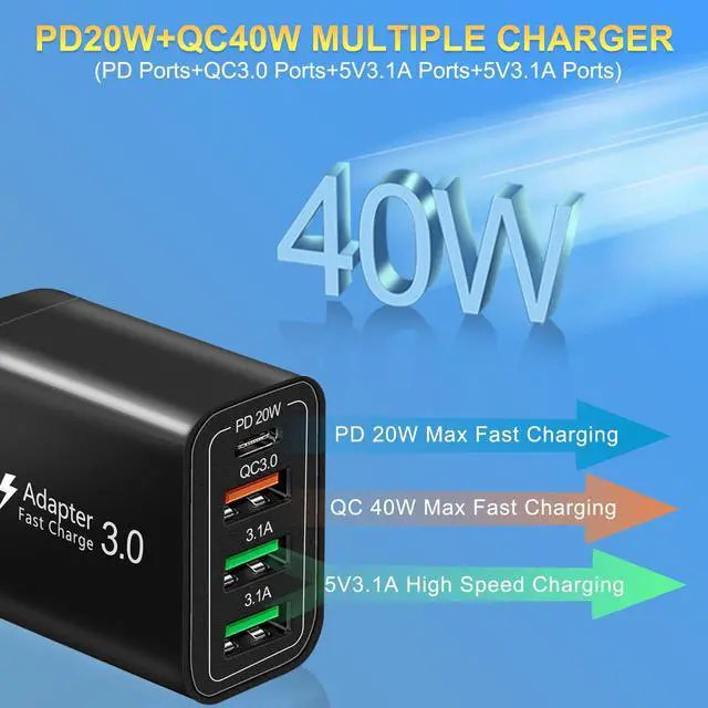 Alt view image 2 of 7 - 40W QC3.0 USB C Wall Charger, CARZONJX 4 Port PD+QC Power Adapter Fast Charging Blocks USB C Brick Multiport Cube for iPhone 15 14 13 12 11 XS XR X 8, iPad, Galaxy, Tablet, Notebook