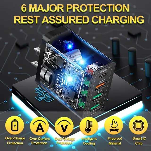 Alt view image 4 of 7 - 40W QC3.0 USB C Wall Charger, CARZONJX 4 Port PD+QC Power Adapter Fast Charging Blocks USB C Brick Multiport Cube for iPhone 15 14 13 12 11 XS XR X 8, iPad, Galaxy, Tablet, Notebook