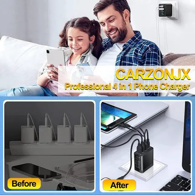 Alt view image 7 of 7 - 40W QC3.0 USB C Wall Charger, CARZONJX 4 Port PD+QC Power Adapter Fast Charging Blocks USB C Brick Multiport Cube for iPhone 15 14 13 12 11 XS XR X 8, iPad, Galaxy, Tablet, Notebook