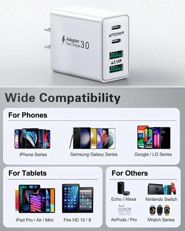 Alt view image 6 of 6 - USB C Charger Block, 2Pack 40W 4-Port Type C Fast Charging Block Dual PD Power Adapter+QC Plug Double Wall Charger Blocks Multiple USBC Charging Cube for iPhone 17 16 15 14 13 12 11 Pro Max, Samsung