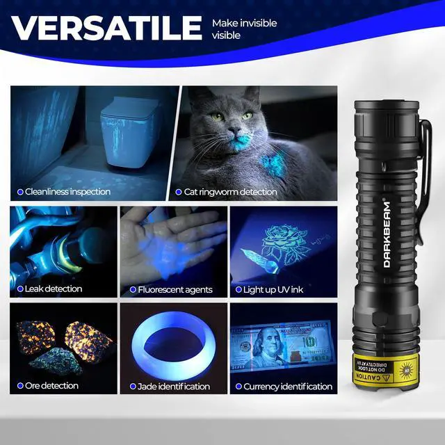 Alt view image 3 of 7 - DARKBEAM UV Flashlight 365nm Blacklight LED Black Light, Mini but Powerful Woods Lamp Rechargeable Ultraviolet Flashlights USB -C, Pet Cat Urine Detector, for Uranium Glass, Rock, Resin Curing