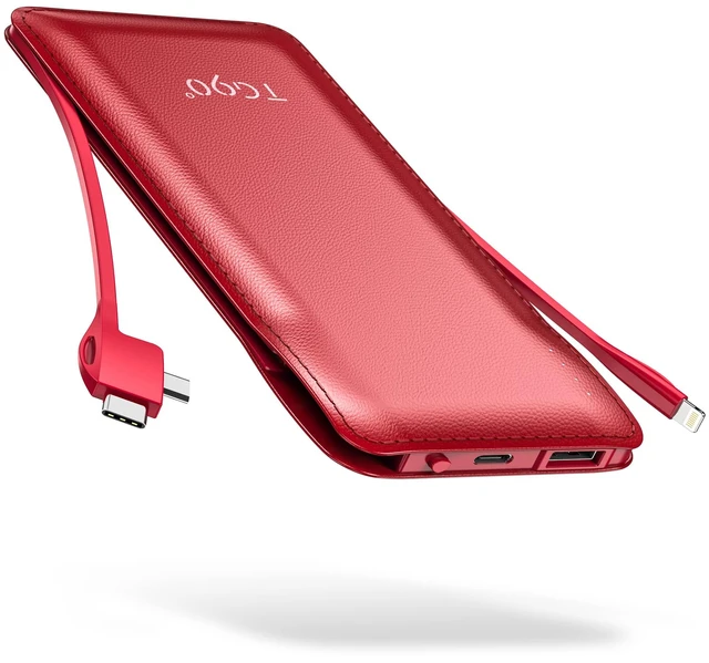 Main image of TG90° 10000mAh Slim Portable Charger with Built in Cable,Red | Pocket Size,Mini Power Bank, Travel External Battery Pack for Phone, 4 Output, USB-C Cord, Compatible with iPhone, Samsung