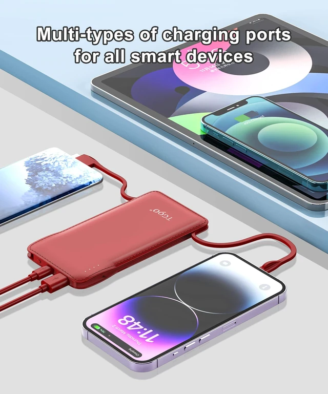 Alt view image 2 of 6 - TG90° 10000mAh Slim Portable Charger with Built in Cable,Red | Pocket Size,Mini Power Bank, Travel External Battery Pack for Phone, 4 Output, USB-C Cord, Compatible with iPhone, Samsung