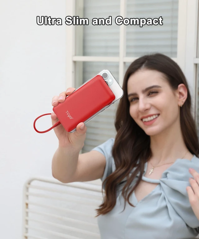 Alt view image 4 of 6 - TG90° 10000mAh Slim Portable Charger with Built in Cable,Red | Pocket Size,Mini Power Bank, Travel External Battery Pack for Phone, 4 Output, USB-C Cord, Compatible with iPhone, Samsung