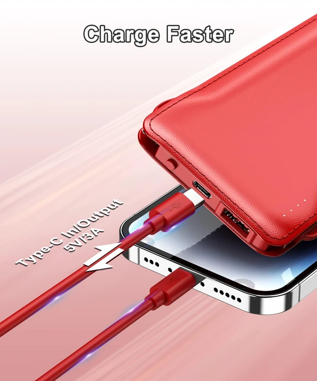 Alt view image 3 of 6 - TG90° 10000mAh Slim Portable Charger with Built in Cable,Red | Pocket Size,Mini Power Bank, Travel External Battery Pack for Phone, 4 Output, USB-C Cord, Compatible with iPhone, Samsung